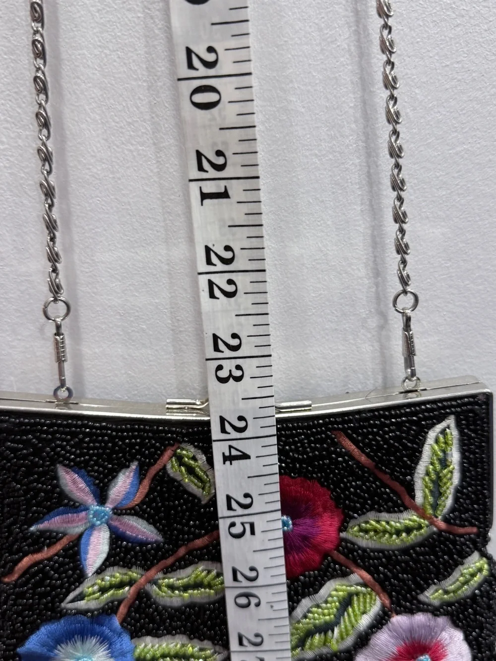 Embroidered Floral Beaded Black Evening Clutch with Chain